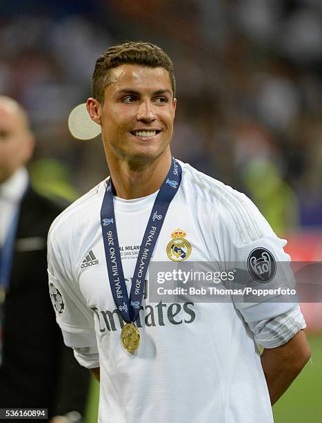 Cristiano Ronaldo with his winners medal after the UEFA Champions League Final match between Real Madrid and Club Atletico de Madrid at Stadio...