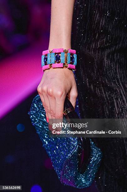 Jewellery? and handbag of a model is seen as she walks the runway during the Giorgio Armani Prive show as part of Paris Fashion Week Haute-Couture...