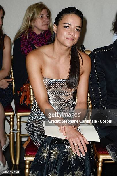 Actress Michelle Rodriguez attends the Jean Paul Gaultier show as part of Paris Fashion Week Haute Couture Fall/Winter 2015/2016 on July 8, 2015 in...