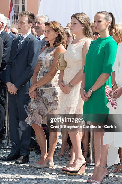 Louis Ducruet, Pauline Ducruet, Princess Stephanie of Monaco and Camille Gottlieb, attend the First Day of the 10th Anniversary on the Throne...