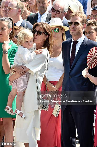 Caroline of Hanover with her Grandson Sasha and Andrea Casiraghi attend the First Day of the 10th Anniversary on the Throne Celebrations on July 11,...