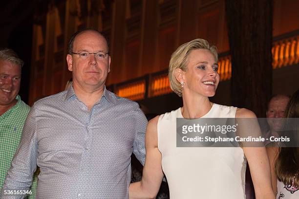Prince Albert II of Monaco and Princess Charlene of Monaco attends the Robbie Williams concert during the Second Day of the 10th Anniversary on the...