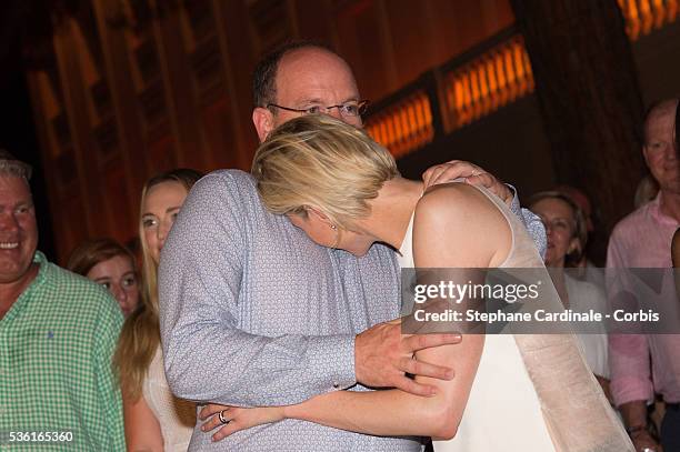 Prince Albert II of Monaco and Princess Charlene of Monaco attends the Robbie Williams concert during the Second Day of the 10th Anniversary on the...