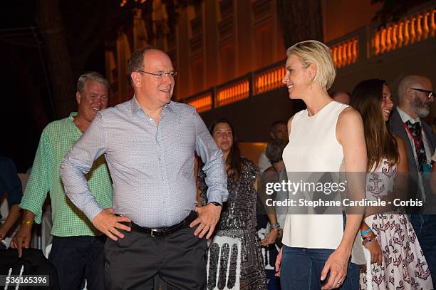 Prince Albert II of Monaco and Princess Charlene of Monaco attends the Robbie Williams concert during the Second Day of the 10th Anniversary on the...