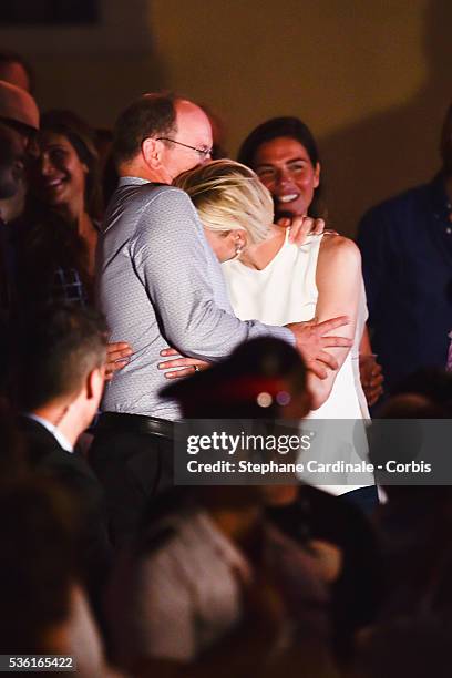 Prince Albert II of Monaco and Princess Charlene of Monaco attends the Robbie Williams concert during the Second Day of the 10th Anniversary on the...