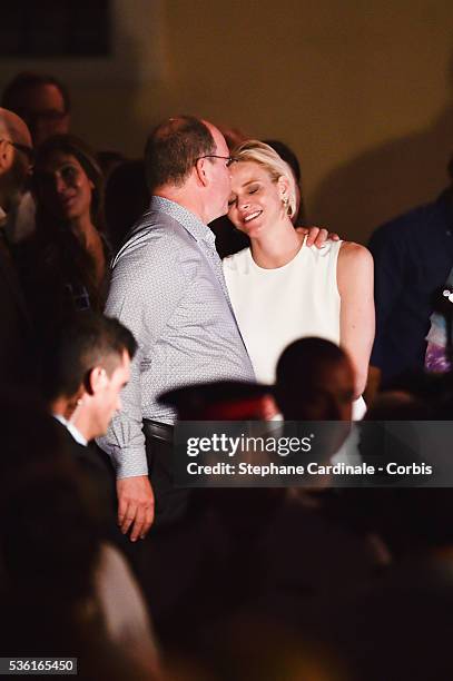 Prince Albert II of Monaco and Princess Charlene of Monaco attends the Robbie Williams concert during the Second Day of the 10th Anniversary on the...