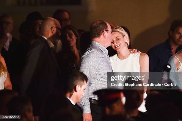 Prince Albert II of Monaco and Princess Charlene of Monaco attends the Robbie Williams concert during the Second Day of the 10th Anniversary on the...