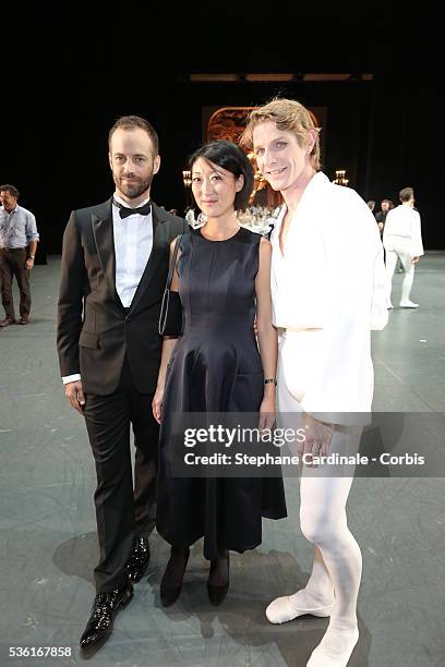 Benjamin Millepied, Fleur Pellerin and dancer Karl Paquette pose during the Ballet National de Paris Opening Season Gala at Opera Garnier on...