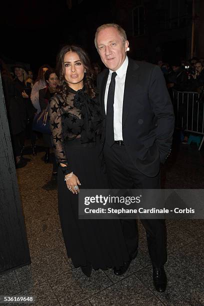 Salma Hayek and Francois-Henri Pinault attend the Saint Laurent show as part of the Paris Fashion Week Womenswear Spring/Summer 2016 on October 5,...