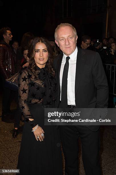 Salma Hayek and Francois-Henri Pinault attend the Saint Laurent show as part of the Paris Fashion Week Womenswear Spring/Summer 2016 on October 5,...