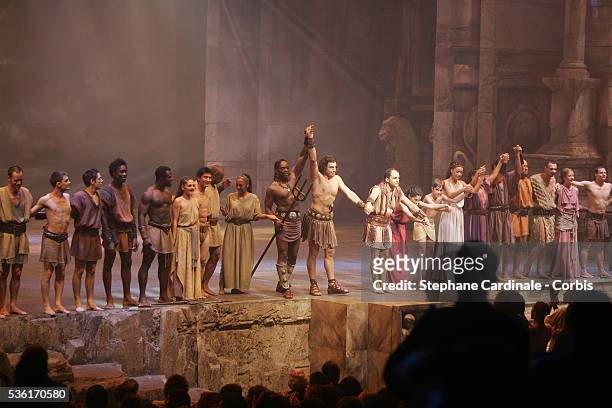 Actors of the show "Gladiateur" directed by Elie Chouraqui, perform on stage during its premiere at the Palais des Sports.