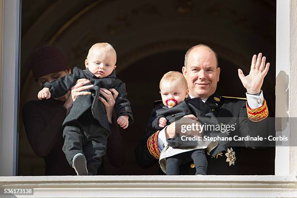 Princess Charlene of Monaco, Prince Jacques of Monaco, Prince Albert II of Monaco and Princess Gabriella of Monaco at the Balcony Palace during the...