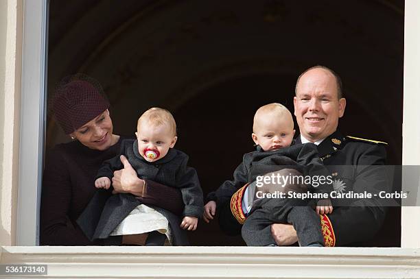 Princess Charlene of Monaco, Princess Gabriella of Monaco, Prince Albert II of Monaco and Prince Jacques of Monaco at the Balcony Palace during the...
