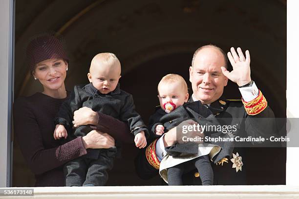 Princess Charlene of Monaco, Prince Jacques of Monaco, Prince Albert II of Monaco and Princess Gabriella of Monaco at the Balcony Palace during the...