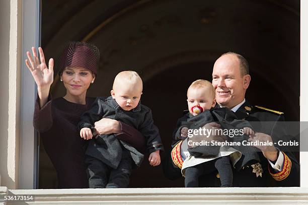 Princess Charlene of Monaco, Prince Jacques of Monaco, Prince Albert II of Monaco and Princess Gabriella of Monaco at the Balcony Palace during the...