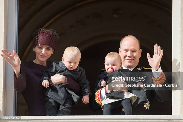 Princess Charlene of Monaco, Prince Jacques of Monaco, Prince Albert II of Monaco and Princess Gabriella of Monaco at the Balcony Palace during the...