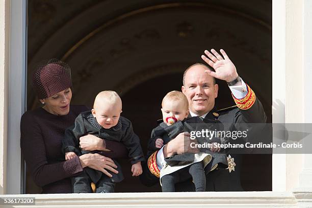 Princess Charlene of Monaco, Prince Jacques of Monaco, Prince Albert II of Monaco and Princess Gabriella of Monaco at the Balcony Palace during the...