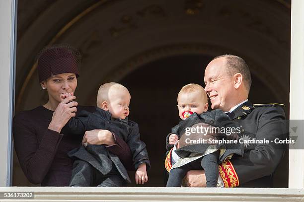 Princess Charlene of Monaco, Prince Jacques of Monaco, Prince Albert II of Monaco and Princess Gabriella of Monaco at the Balcony Palace during the...