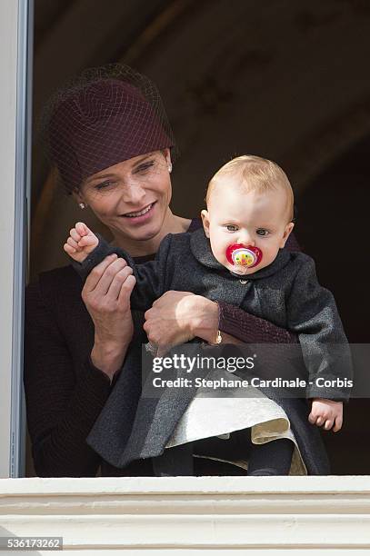 Princess Charlene of Monaco and Princess Gabriella of Monaco at the Balcony Palace during the Monaco National Day Celebrations, on November 19, 2015...