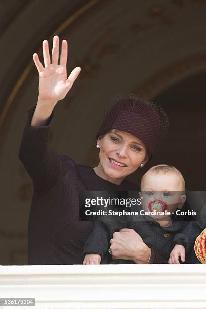 Princess Charlene of Monaco and Princess Gabriella of Monaco at the Balcony Palace during the Monaco National Day Celebrations, on November 19, 2015...