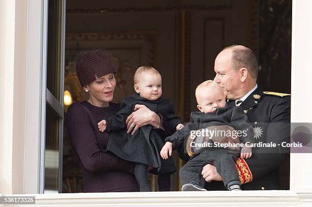 Princess Charlene of Monaco, Princess Gabriella of Monaco, Prince Jacques of Monaco and Prince Albert II of Monaco, at the Balcony Palace during the...