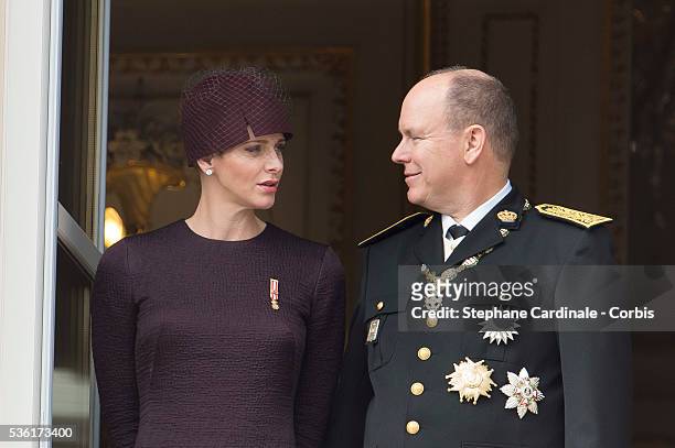 Princess Charlene of Monaco and Prince Albert II of Monaco at the Balcony Palace during the Monaco National Day Celebrations, on November 19, 2015 in...