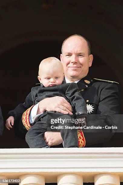 Prince Albert II of Monaco and Prince Jacques of Monaco at the Balcony Palace during the Monaco National Day Celebrations, on November 19, 2015 in...