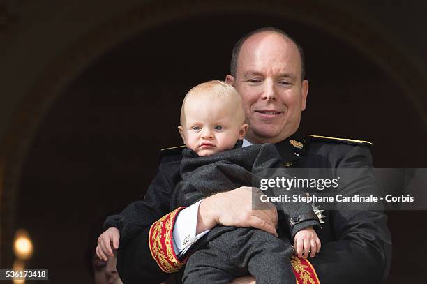 Prince Albert II of Monaco and Prince Jacques of Monaco at the Balcony Palace during the Monaco National Day Celebrations, on November 19, 2015 in...