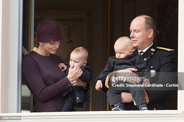 Princess Charlene of Monaco, Princess Gabriella of Monaco, Prince Jacques of Monaco and Prince Albert II of Monaco, at the Balcony Palace during the...