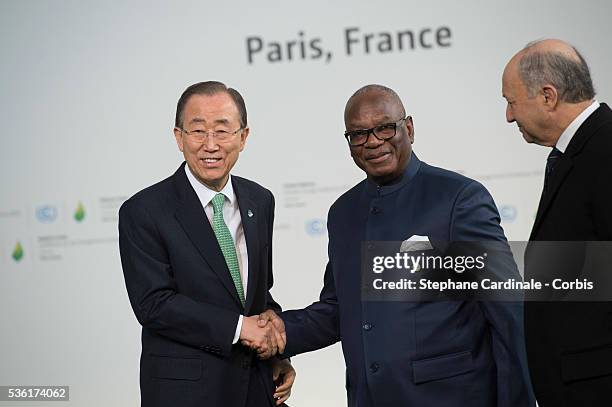 Mali's President Ibrahim Boubacar Keita is greeted by United Nations Secretary General Ban Ki-moon upon his arrival for the opening of the UN...