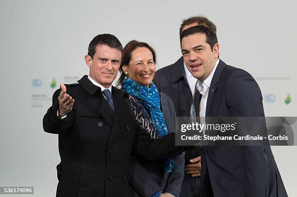 France's Prime Minister Manuel Valls and Segolene Royal, French Minister of Ecology, Sustainable Development and Energy welcome Greek Prime Minister...