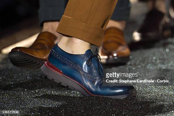 Shoes of a model is seen as he walks the runway during the Berluti Menswear Fall/Winter 2016-2017 show as part of Paris Fashion Week on January 22,...