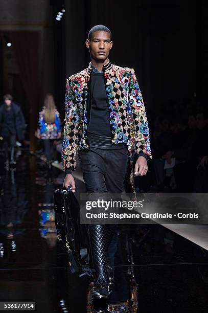 Model walks the runway during the Balmain Menswear Fall/Winter 2016-2017 show as part of Paris Fashion Week on January 23, 2016 in Paris, France.