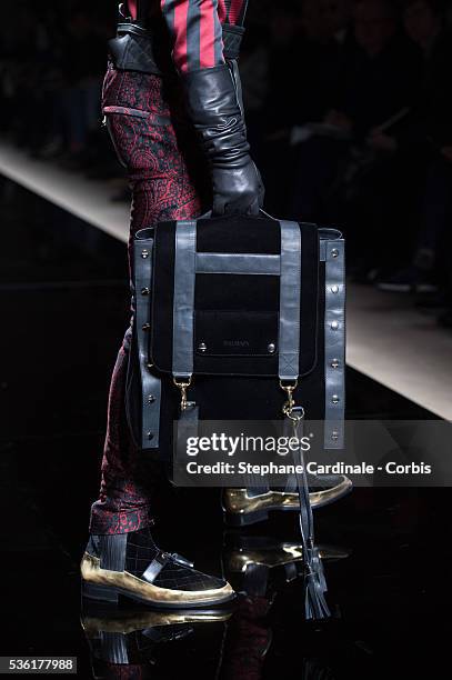 Bag of a model is seen as he walks the runway during the Balmain Menswear Fall/Winter 2016-2017 show as part of Paris Fashion Week on January 23,...