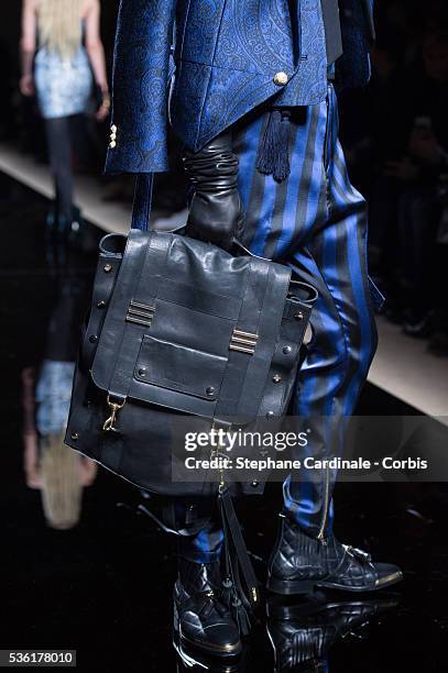 Bag of a model is seen as he walks the runway during the Balmain Menswear Fall/Winter 2016-2017 show as part of Paris Fashion Week on January 23,...