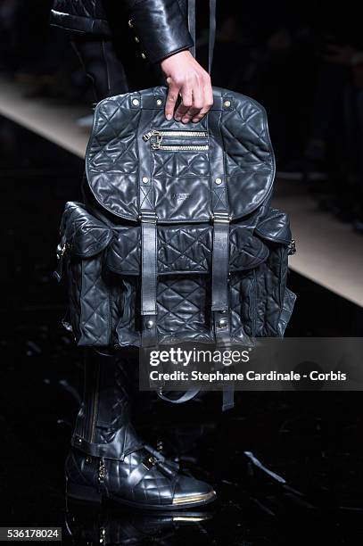 Bag of a model is seen as he walks the runway during the Balmain Menswear Fall/Winter 2016-2017 show as part of Paris Fashion Week on January 23,...