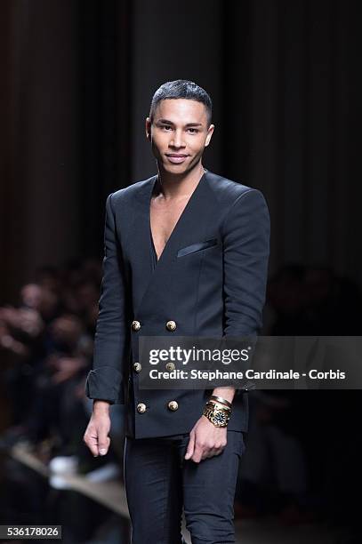 Olivier Rousteing walks the runway during the Balmain Menswear Fall/Winter 2016-2017 show as part of Paris Fashion Week on January 23, 2016 in Paris,...