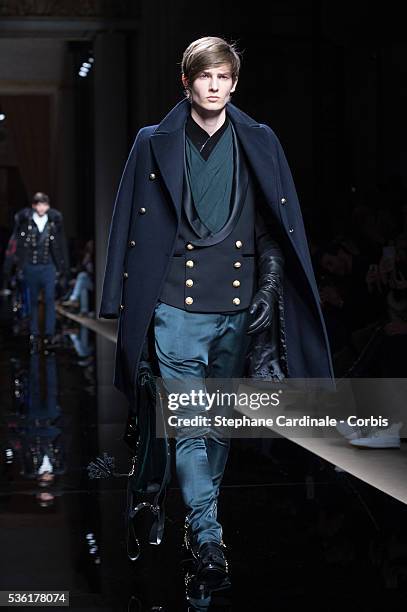 Model walks the runway during the Balmain Menswear Fall/Winter 2016-2017 show as part of Paris Fashion Week on January 23, 2016 in Paris, France.