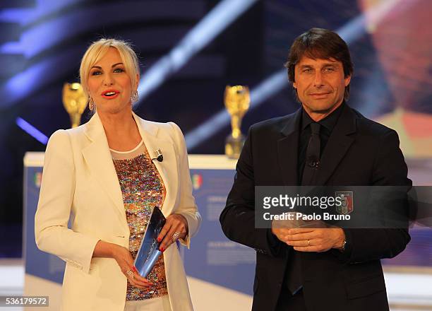 Tv presenter Antonella Clerici and Italy head coach Antonio Conte attend the 'Sogno Azzurro' TV programme at Auditorium del Foro Italico on May 31,...