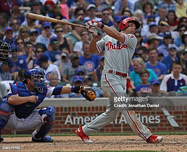David Lough of the Philadelphia Phillies bats against the Chicago Cubs at Wrigley Field on May 28, 2016 in Chicago, Illinois. The Cubs defeated the...