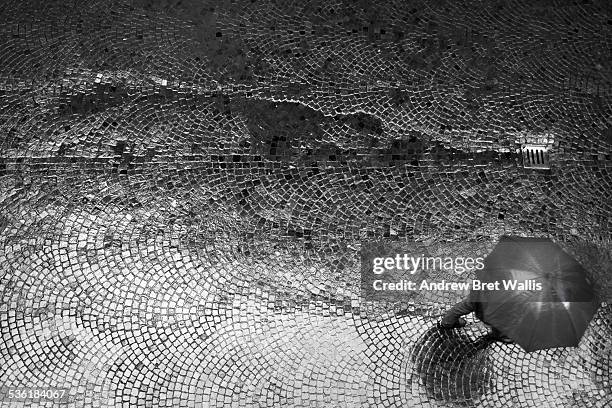 overhead of commuter carrying umbrella in the rain - cobblestone puddle stock pictures, royalty-free photos & images