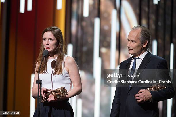 Celine Devaux and Hyppolite Girardot on stage during The Cesar Film Award Ceremony 2016 at Theatre du Chatelet on February 26, 2016 in Paris, France.