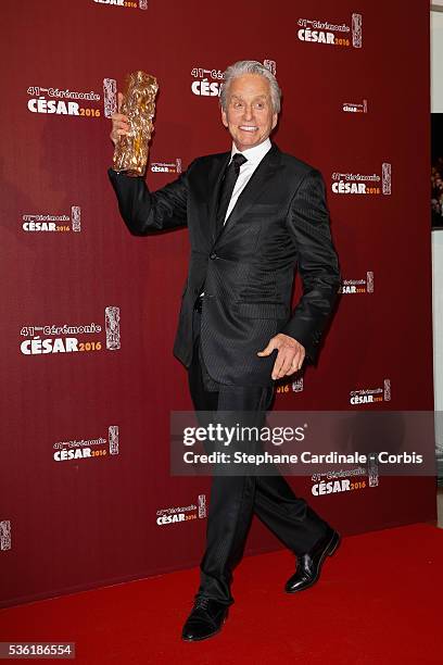 Actor Michael Douglas poses with his Honour Cesar award during The Cesar Film Awards 2016 at Theatre du Chatelet on February 26, 2016 in Paris,...