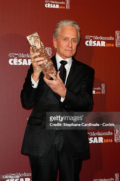 Actor Michael Douglas poses with his Honour Cesar award during The Cesar Film Awards 2016 at Theatre du Chatelet on February 26, 2016 in Paris,...