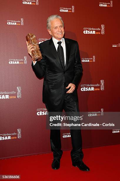 Actor Michael Douglas poses with his Honour Cesar award during The Cesar Film Awards 2016 at Theatre du Chatelet on February 26, 2016 in Paris,...