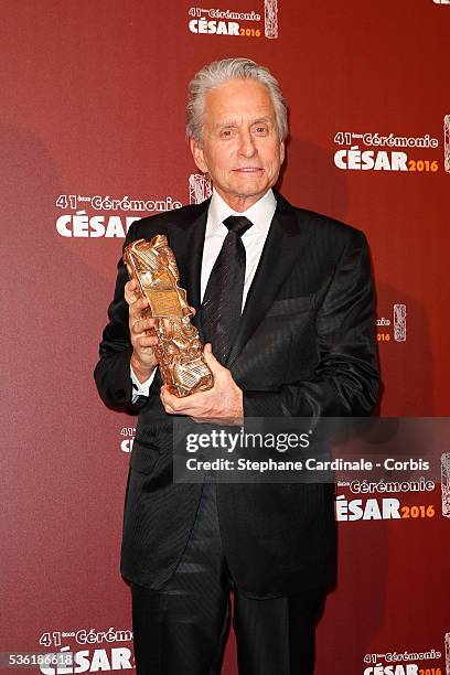 Actor Michael Douglas poses with his Honour Cesar award during The Cesar Film Awards 2016 at Theatre du Chatelet on February 26, 2016 in Paris,...