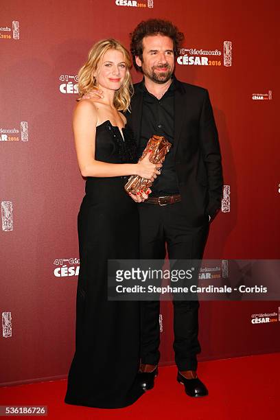 Melanie Laurent and Cyril Dion pose with their award of Best Documentary for the movie 'Demain' during The Cesar Film Awards 2016 at Theatre du...