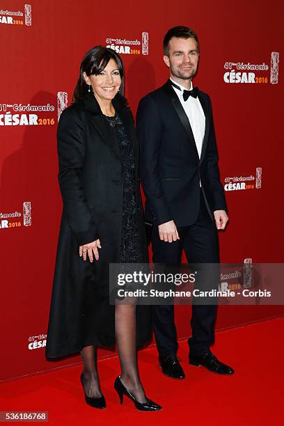 Paris Mayor Anne Hidalgo and Bruno Julliard arrive at the Cesar Film Awards 2016 at Theatre du Chatelet on February 26, 2016 in Paris, France.