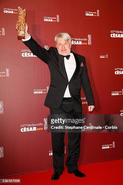 Martin Kurel poses with his award of Best Production Design for the movie 'Marguerite' during The Cesar Film Awards 2016 at Theatre du Chatelet on...