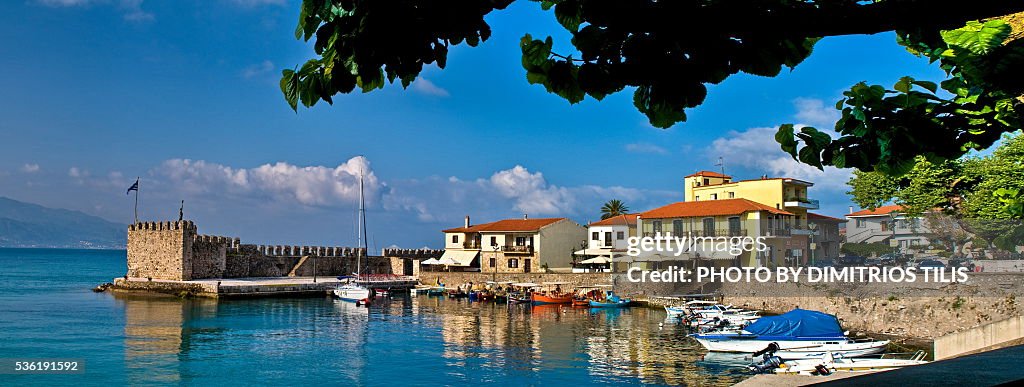 Old venetian fortress small harbor of Nafpaktos panorama 2